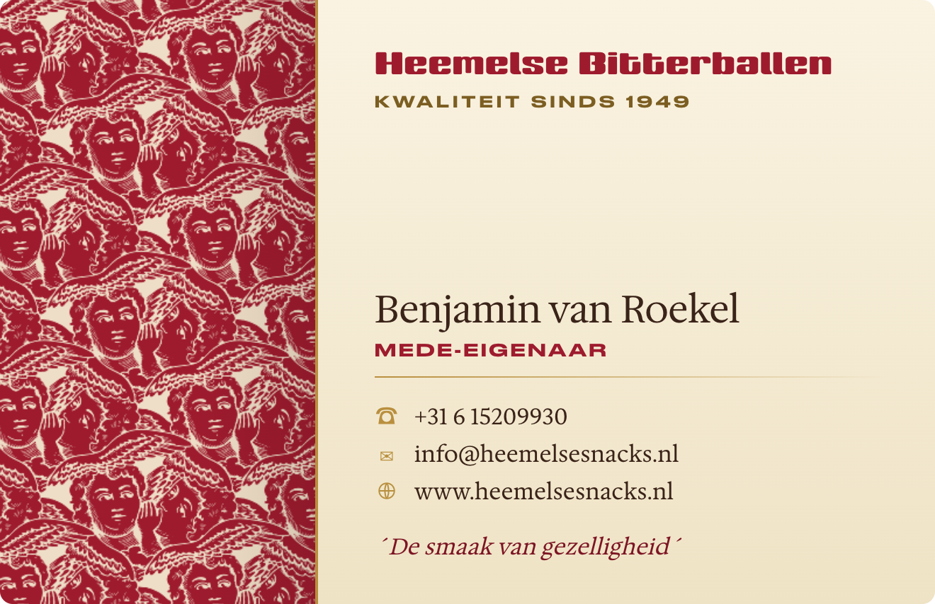Visitekaartje Heemelse Bitterballen, achterkant met Benjamin van Roekel, mede-eigenaar